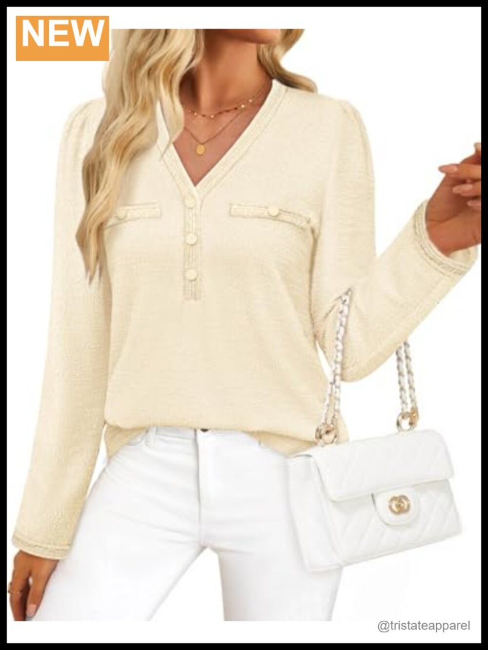 Women's Tweed Long Sleeve Blouse, V-Neck Office Top, Gold Buttons, Stretchable